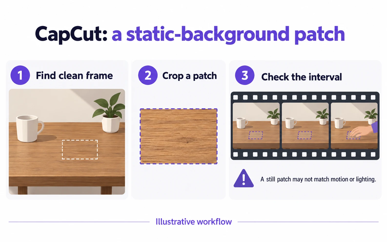 Illustrative workflow showing a clean frame, cropped patch and motion checks for a static-background patch.