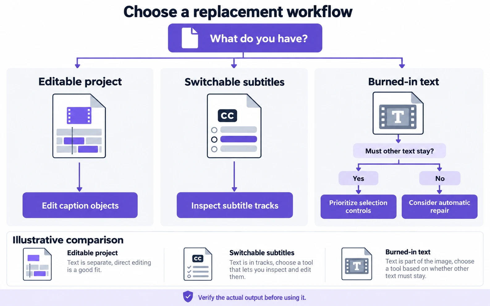 Illustrative comparison routing editable projects, switchable subtitles and burned-in text to suitable workflows.