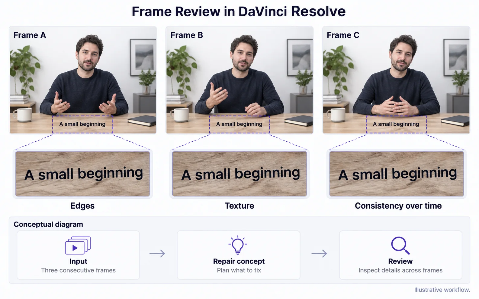 Inspect frame consistency in a Resolve repair workflow
